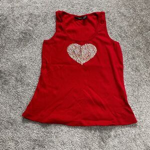 Mixit Tank top Shirt Girls XL Red Sequin Shiny Heart Ribbed Casual Cotton Youth